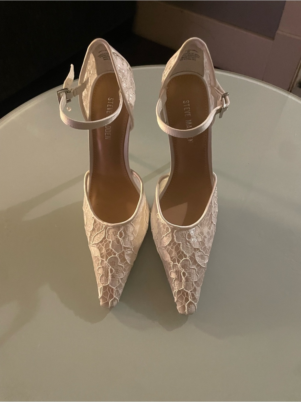 Steve Madden Lace Pointed-Toe Ankle Strap Pumps in Ivory 4.5 inch heel